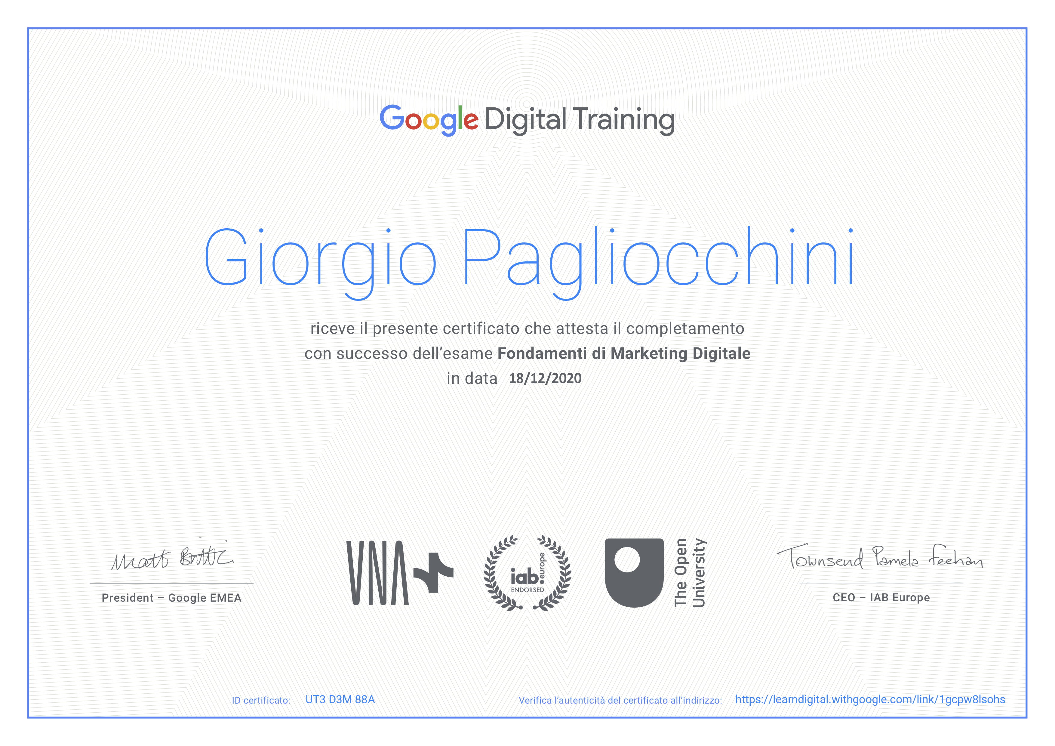 Certificazione 1 di Giorgio Pagliocchini